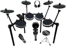 VEDO A bateria eletrônica é um kit profissional com 5 tambores e 4 pratos. Ela vem com pads de bateria Mude com tecnologia mesh, uma caixa de 8 polegadas com duas zonas de ressonância, banco bateria