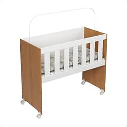 Mini Berço Com Colchão E Suporte Mosquiteiro Com Rodas Moisés Multifuncional 5x1 Chiqueirinho (Branco/Amadeirado)