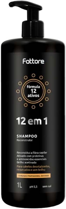 Shampoo Reconstrutor Fattore 12 em 1 1 Litro Limpeza Profissional Reconstrução Capilar Profunda pH 5.5 Sem Sal Para Cabelos Danificados Ressecados Porosos Pós Química Alto Rendimento