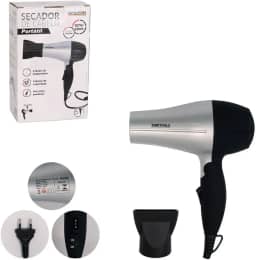 Secador de Cabelo Portátil 1200W Bivolt com 2 Velocidades – Cinza, Dobrável, Leve, Viagem, Academia, Bolsa