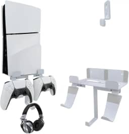 Suporte de parede para console PS5 Slim/PS5 Pro, disco fino de alumínio PS5/console digital suporte de prateleira de parede com controle e suporte de fone de ouvido - branco (não para PS5