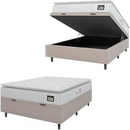 Cama Box Baú Colchão Casal Espuma D45 Lazio Pillow Top 138x188x70cm Branco/Bege Hellen - Suporta até 120kg por Pessoa
