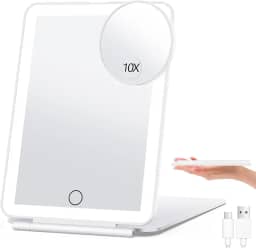 Espelho de Maquiagem Portátil com Luz LED e Aumento 10X, Recarregável via USB, 3 Cores, Tela Touch, Ultra Fino e Dobrável, para Viagem, Maquiagem e Escritório