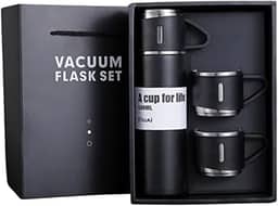 Kit Garrafa Térmica Inox 500ml com 3 Xícaras | Tampa com Copo, Abertura por Botão, Ideal para Viagem, Camping, Escritório e Academia, Café, Chá, Suco, Água gelada (Preta)