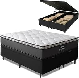 Cama Box Baú King Gazin Colchão Molas Ensacadas Com Pillow Top Tower 193x203x75cm Suporta até 120kg por Pessoa (Cinza/Preto)