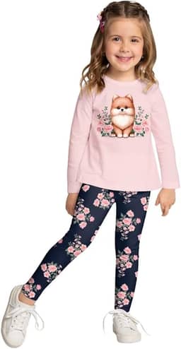 Conjunto Infantil Menina, Blusa Manga Longa Malha Cinza com Estampa de Cachorrinho, Calça Legging Floral Bordô Kyly 754
