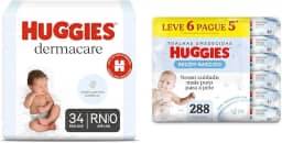 Kit Huggies Premium Dermacare Tamanho RN - 34 Fraldas + Lenço Umedecido Pure Care L6P5-288 Lenços