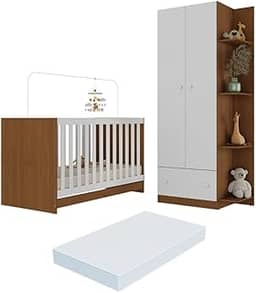 Berço 3 em 1 com Guarda-roupas 2 Portas 1 Gaveta e Colchão Incluso Doce de Leite Multimóveis Mp4242 Madeirado/branco