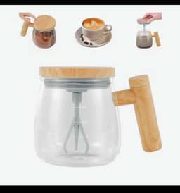 Caneca Mixer Automática com Tampa de Madeira, 400ml, para Café, Achocolatado, Leite e Shakes, Misturador Elétrico com Carregamento USB-C, Design Moderno e Elegante