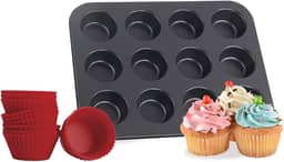Forma para Cupcake e Muffin - Assadeira com 12 Cavidades Antiaderente, Kit com 12 Forminhas de Silicone, Ideal para Mini Bolo e Air Fryer