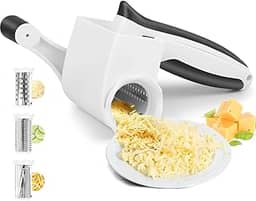 Fatiador de Tambor de Aço Inoxidável 3 em 1, Ralador de Queijor Branco, Ralador Queijo, Ralador de Queijo Manual, Ralador Rotativo, Com Alça, Calha de Alimentador Ampliada e 3 Lâminas, Zester