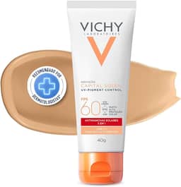 Vichy, Pigment Control, Protetor Solar Facial anti manchas com Alta cobertura, Vitamina B3, Ácido Tranexâmico, FPS60, 40g