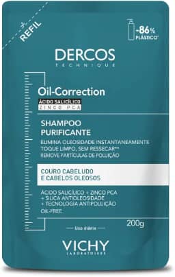 Vichy Dercos Oil-Correction, Refil Shampoo Purificante para Cabelos Oleosos, Limpeza Profunda sem Ressecar os Fios, Fórmula com Ácido Salicílico e Zinco PCA, 200g