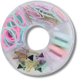 Kit Utensílios de Escritório com 4 Divisórias – Organização Completa com Clipes Dourados, Elásticos Coloridos, Prendedores para Mesa de Trabalho, Estudo e Home Office