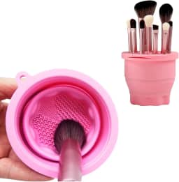 Limpador de Pincel de Maquiagem com Suporte Retrátil e Tampa – Silicone Texturizado para Limpeza Profunda | Organizador Portátil e Secador de Pincéis– Cor Rosa