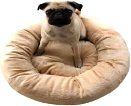 Cama Pet Redonda Aconchegante de Pelúcia Macia para Gatos e Cachorros Pequenos (Bege)