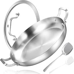 Inqibee Panela de Paella de Aço Inoxidável de 30,5 cm com Tampa, Frigideira, Omelete, Resistente, Lavável na Lava-Louças e no Forno