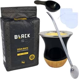 Kit Chimarrão com Erva Clássica Moagem Fina 1Kg + Cuia Preta Imitação madeira + Bomba Inox 23 CM (TRADICIONAL)