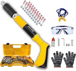 Pistola Finca Pinos Manual, Rebitadeira de Fixação Pregos, Equipamento de Segurança, Óculos, Luvas, Tampão de Ouvidos, Óleo Lubrificantes, 20 Pinos) Profissional