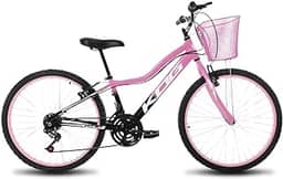 Bicicleta Aro 24 Em Alumínio QUadro KOG Feminino Refinado Com Detalhes Ergonômicos 18V Transmissão de Marchas 3x6 Cestinha Pink e Freios V-Brake