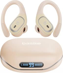 Basike Fone de Ouvido Bluetooth Esportivo TWS 6.0, Som Hi-Fi Estéreo, Intra-Auricular, IPX5 à Prova d’Água, 3 Tamanhos de Pontas para Atividades ao Ar Livre – Bege Claro