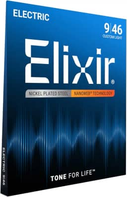 Cordas para guitarra elétrica Elixir, aço niquelado com revestimento NANOWEB, Custom Light (.09 - .046)