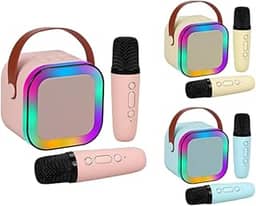 Caixinha de Som 2 Microfone Karaoke Portátil Infantil com Caixa de Som Bluetooth, Luzes LED Dinâmicas, 2 Microfones Sem Fio, Ideal para Festas, Crianças e Adultos (Bege, 2 Microfones)