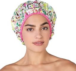 Touca de banho reutilizável, touca de banho e forrada, grande e à prova d'água, grande projetada para todos os comprimentos de cabelo, com forro de PEVA e elástico bainha elástica - Fashionista Tropical