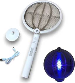 Super Raquete Elétrica Branca 2 em 1 Luminaria Armadilha Repelente Luz Led UV Lampada Choque 3000V Mata Mosca Mosquito Dengue Pernilongo Anti Inseto, Recarregavel USB
