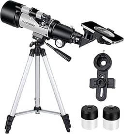 Telescópio para crianças iniciantes, 70 mm abertura 400 mm telescópio refratário astronômico para adultos estudantes - telescópios de viagem com tripé, adaptador de telefone (prata)