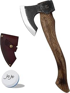 JXE JXO The Berserker - Machadinha De Acampamento - Machado Bushcraft Para Escultura Em Corte De Madeira - Machado De Mão De 15,7' Com Bainha De Couro