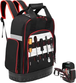 Mochila Ferramentas com Fundo Rígido À Prova D'água 45*34*16cm, Mochila Reforçada Base Emborrachada para 3 Bolsos e 10 Ranhuras No Exterior, 5 Bolsos e 10 Ranhuras no Interior, Bolsa de Ferramentas