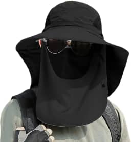 Chapéu de sol unissex ao ar livre com aba larga removível no pescoço e cobertura facial respirável para pesca, caminhada, acampamento, 1 peça