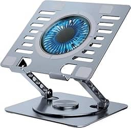 Suporte para Notebook, Tablet e MacBook com Cooler OR-SP244, Alumínio, Rotação 360°, Ventoinha LED Azul Silenciosa, 2 Portas USB, Dobrável