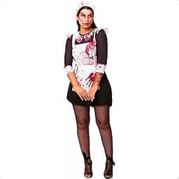 Fantasia Feminina Halloween de Terror Com Sangue Vestido Empregada Assassina com Tiara