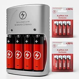Carregador de Pilhas Recarregáveis Kit + 8 Baterias AA/AAA