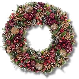 Guirlanda Natalina Pinhas 34 cm Vermelho Luxo Porta Enfeite Natal Decoração Premium