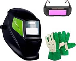 Kit Máscara de Solda Com Escurecimento Automático MSN1200 + Luva de Raspa Vaqueta Cano Curto Multiuso NEVVO + Óculos de Solda Automático