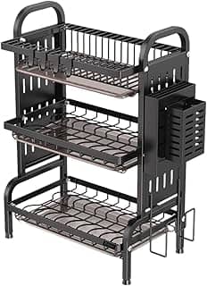 Escorredor de Louça LEUZZA Inox 3 Andares com Bandeja Coletora de Água e Base Antiderrapante Modular, Versátil e Antiferrugem Preto Porta-Pratos Talheres Copos Organização Casa e Cozinha Suspenso