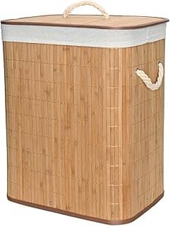Mimo Style Cesto de Bambu Claro com Tampa para Roupas Sujas. Ideal para Lavanderia, Área de Serviço, Banheiro e Quarto. Forro Removível com Aro de Aço para Fixação, Dobrável, Alça de Corda Macia, Bege
