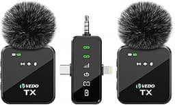 VEDO Microfone de lapela sem fio 3 em 1 para iPhone/Android/Câmera, Microfone Transmissão de 25m, Bateria com duração de 18 horas, Mini microfone para gravação de entrevistas e vlogs