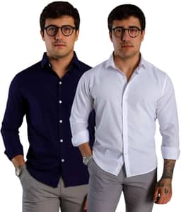 Kit 2 Camisas Sociais Masculinas, Manga Longa, Slim Fit, Tecido Premium, para Trabalho e Casual