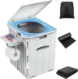 PAHTTO - Vaso sanitário portátil extra grande para adultos, dobrável, com prateleira de telefone removível e suporte de papel higiênico, impermeável, cinza