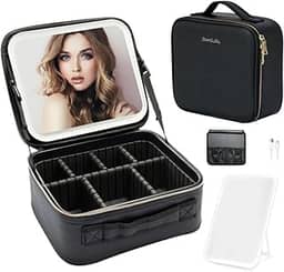 Kit Maleta Maquiagem completo Profissional Com Espelho e Luz Led e paleta de maquiagem (Preto)