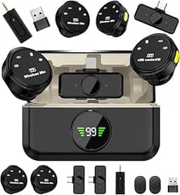 QBuen microfone de lapela sem fio de nível profissional, Microfone sem fio lapela(2TX+3RX), Três níveis de redução de ruído, Amplamente compatível com dispositivos de interface Tipo C e Lightning