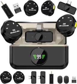 microfone de lapela sem fio de nível profissional, Microfone sem fio lapela(2TX+3RX), Três níveis de redução de ruído, Amplamente compatível com dispositivos de interface Tipo C e Lightning