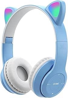 Fone de Ouvido Infantil Bluetooth com Orelhas de Gato, LED Colorido, 5 Horas de Bateria. (Azul)