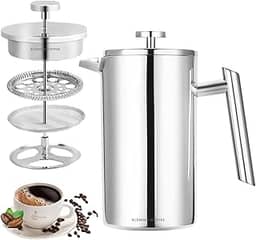 KLEMING COFFEE | Cafeteira de Prensa Francesa com Parede Dupla em Aço Inoxidável, 700 ml, Térmica, 60 MinutosTempo de Preservação do Calor, Filtragem Perfeita, Aço Inox 304, Prata.
