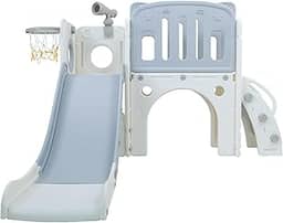 Freso Baby Playground Infantil 7x1 Mini Mundo Grey 2 Torres, Para Crianças de 1 a 4 anos, Compacto e Fácil Montagem, com Escorregador, Cesta de Basquete e Bola, Escalada, Luneta