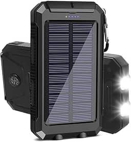 Carregador Portátil Power Bank Solar 10000mAh Resistente, Impermeável e à Prova de Poeira com Lanterna LED Ideal para Trilhas, Acampamentos e Aventureiros ao Ar Livre (PRETO)